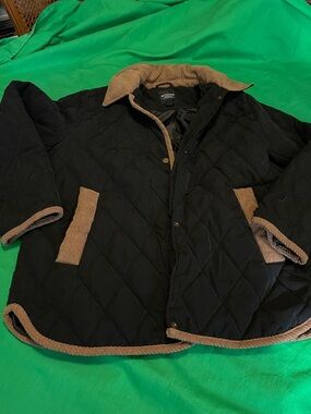 Modern Amusement Black Quilted Jacket with Brown Trim
